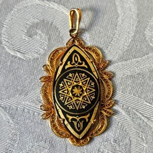 Vintage Damascene Etched Floral Design Gold Tone Pendant